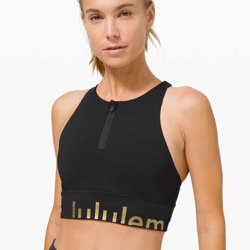 Lululemon Energy Bra High Neck Long Line Zip Special Edition - 6 Black/Gold